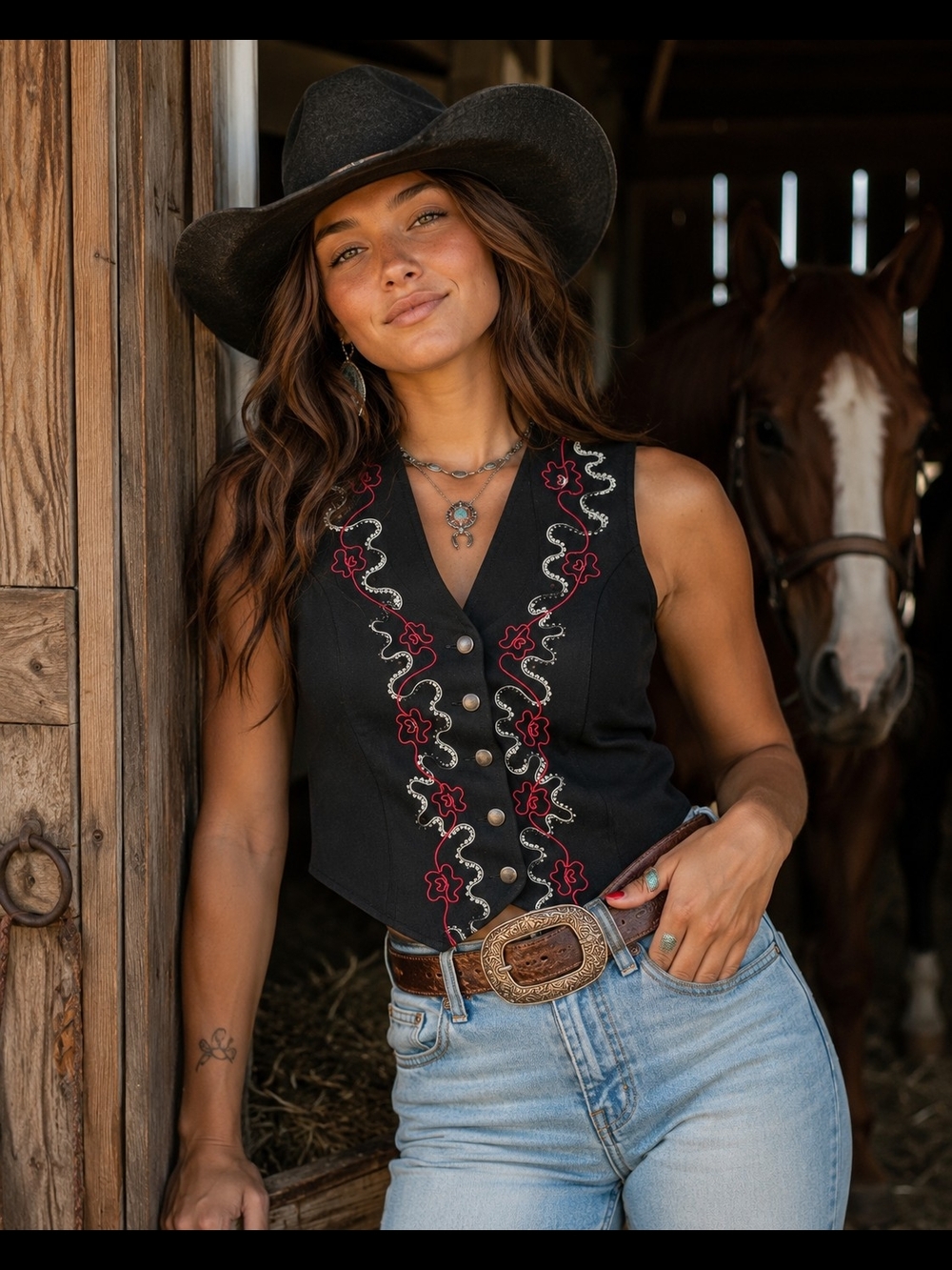 New Frontier Vest Vtg 90s 80s Western Rodeo Vest Silver Conchos Woman's Medium